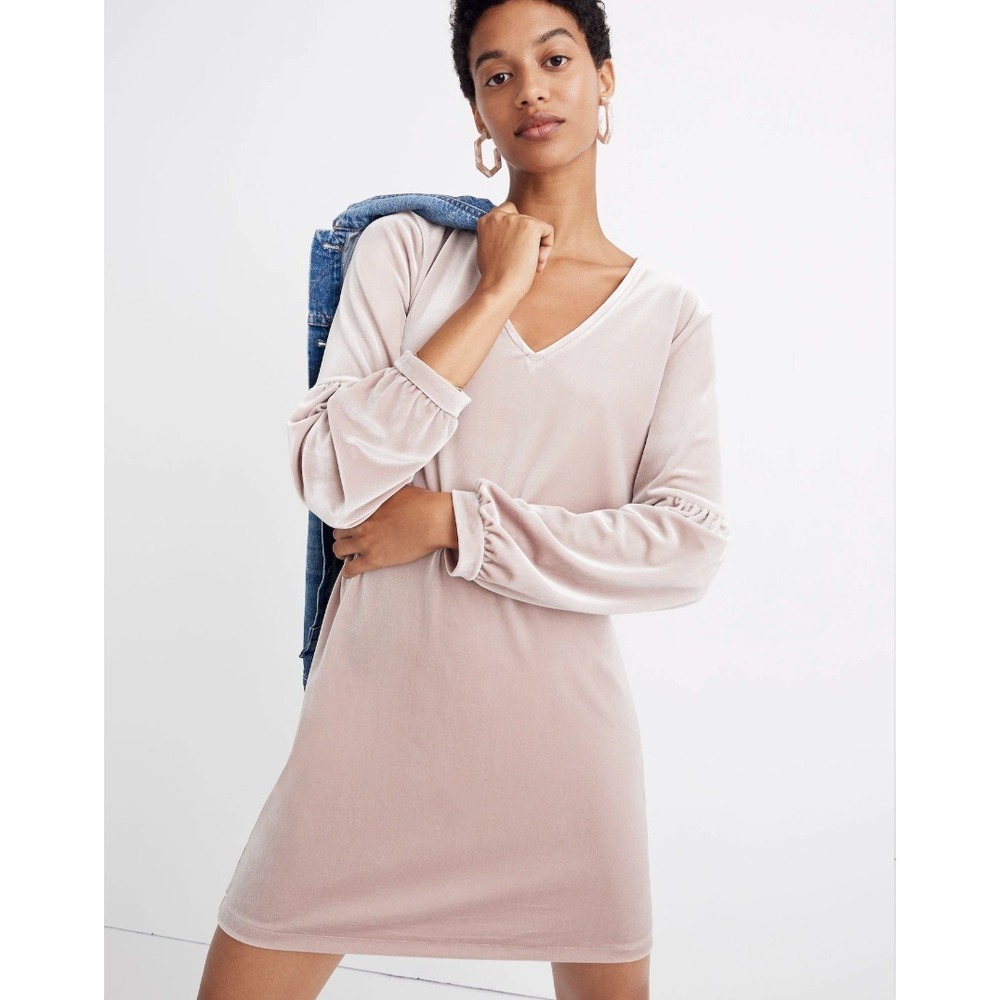 Madewell Velvet Balloon-Sleeve Dress XS Pink Wisteria Dove Mini Party Holiday‎